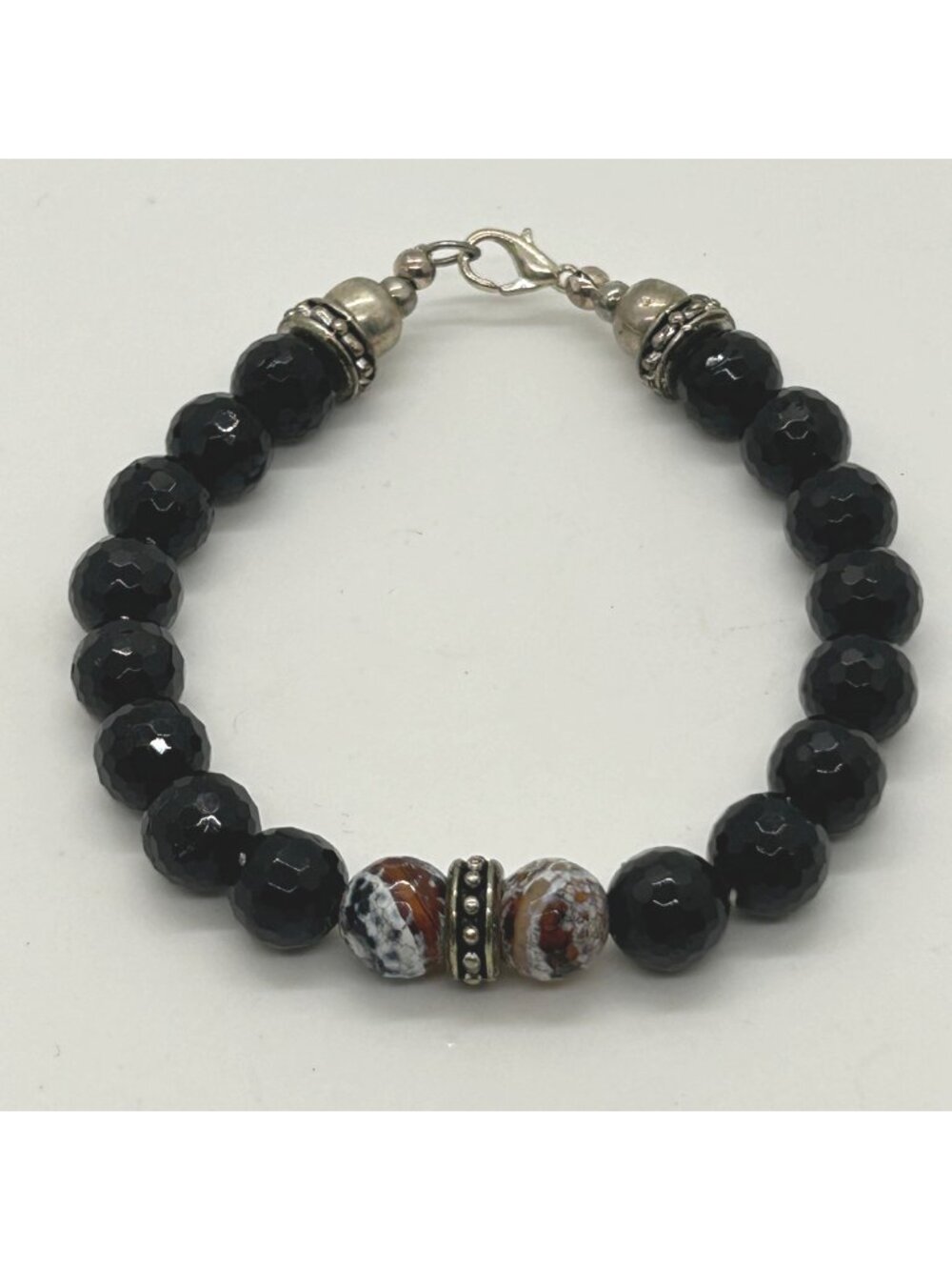 Faceted Black Glass Beaded Bracelet Silver-Tone Accents Crystal Stone Boho